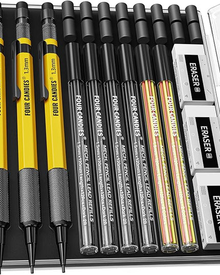 Four Candies 3PCS 1.3mm Mechanical Pencil Set with Case, Metal Heavy Duty Carpenter Pencils with 72 Refill(Red,Black,Yellow) 3Eraser, 16Eraser Refill, Weatherproof Body Outdoor Woodworking Marking