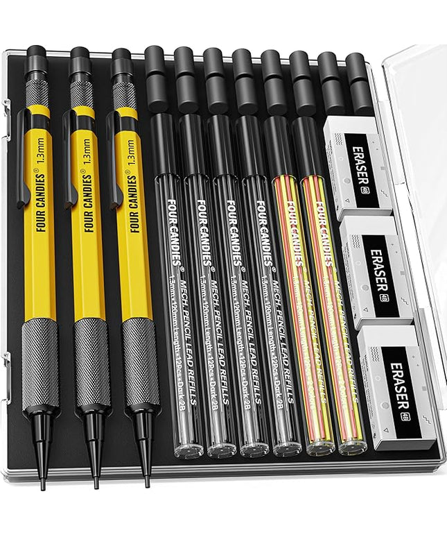 Four Candies 3PCS 1.3mm Mechanical Pencil Set with Case, Metal Heavy Duty Carpenter Pencils with 72 Refill(Red,Black,Yellow) 3Eraser, 16Eraser Refill, Weatherproof Body Outdoor Woodworking Marking