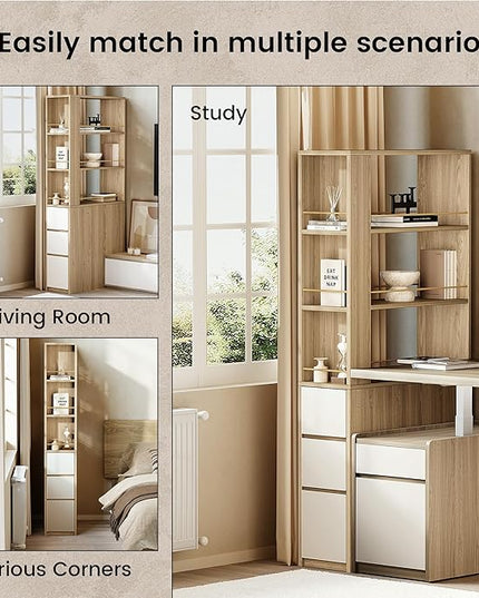 Bookcase with 3 Drawers and Storage Shelves, 71''Tall Corner Bookshelf with 3 Tier Open Double-Sided Design, Multi Functional Organizer, Wood Bookshelves for Home/Office, Light Walnut