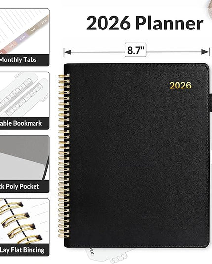SUNEE 2026 Weekly & Monthly Planner 9"x11.2"- 12 Month (January 2026 - December 2026), Vegan Leather Cover, Pocket, Bookmark, Notes, Monthly Tab, Black