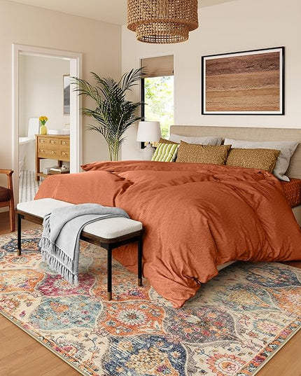 Lahome Moroccan Washable Area Rugs 8x10, 8x10 Rugs for Living Room Bedroom, Ultra-Thin Oriental Non-Slip Foldable Non Shedding Accent Large Carpet for Office Dining Room, Cream/Multi