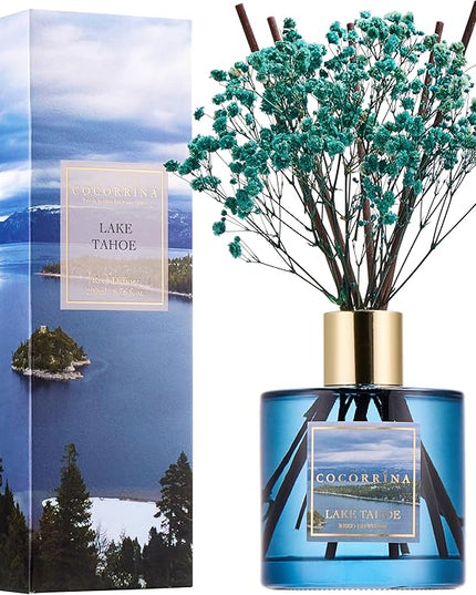 COCORRÍNA Reed Diffuser - Lake Tahoe 6.7 Fl.oz Reed Diffuser Set with 8 Sticks & Preserved Baby's Breath, Reed Diffuser for Home Bathroom Shelf Decor