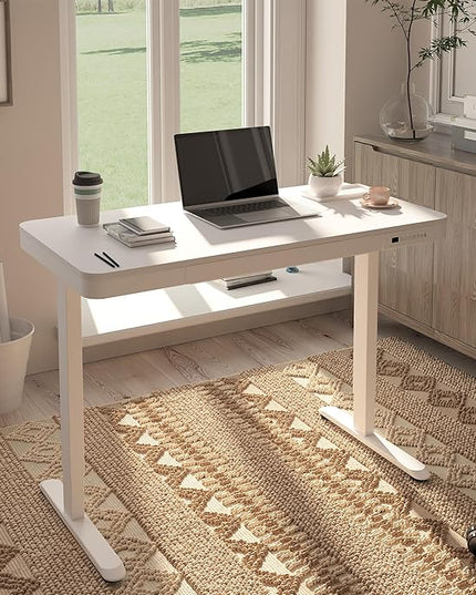 FLEXISPOT Comhar Electric Standing Desk with Drawers Charging USB A to C Port, Height Adjustable 48" Whole-Piece Home Office Computer Laptop Table with Storage (White Top + Frame)