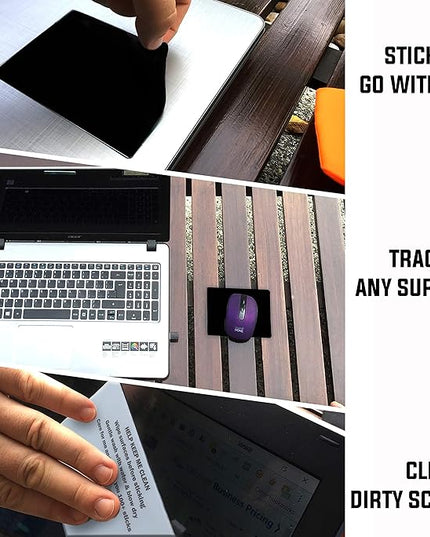 Mouse Pad Adhesive Bottom - Sticks to Any Surface - Portable - Webcam Covers and Screen Cleaner Included (Blank Black)