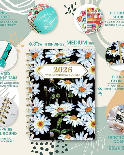 Ymumuda 2026 Planner, Daily Weekly and Monthly Planner，Jan 2026 - Dec 2026, 8.4" x 6.3", 2026 Calendar Planner Book with Tabs, Spiral Notebook with Inner Pocket for Office Home School Supplies