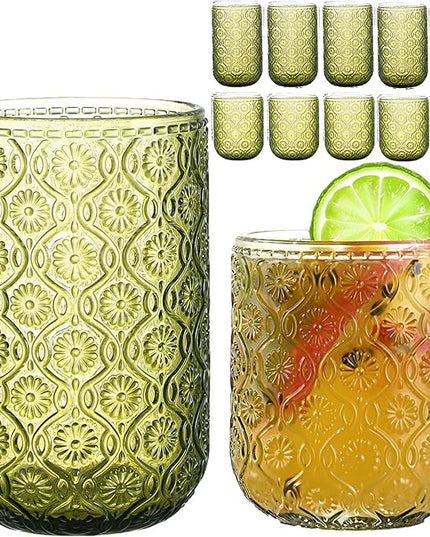Green Drinking Glasses Set of 12, 12 Oz Highball & 10 Oz Cocktail Glasses, Green Kitchen Vintage Glassware Set, Floral Embossed Glass Tumbler Cups for Water, Beer, Juice, Whiskey, Coffee