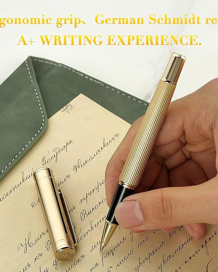 BEILUNER Lighthouse Series Rollerball Pen, 24K Gold Finish Pen Body, Exquisite Vertical Lines, Schneider 850 Refill, Nice Pen Gift Set for Men & Women, Office, Executive and Fancy Designer Pens (Gold)