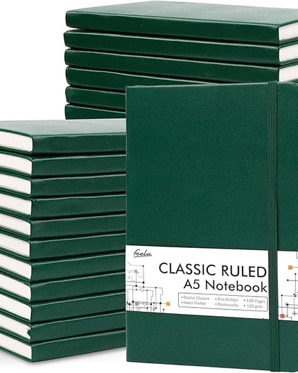 feela 24 Pack Journal Notebook for Work, Business Notebook Bulk Hardcover Lined Writing Journal with Pen Holder for Men Women Note Taking, with 24 Black Pens, 120 GSM, 5.1”x8.3”, A5, Dark Green