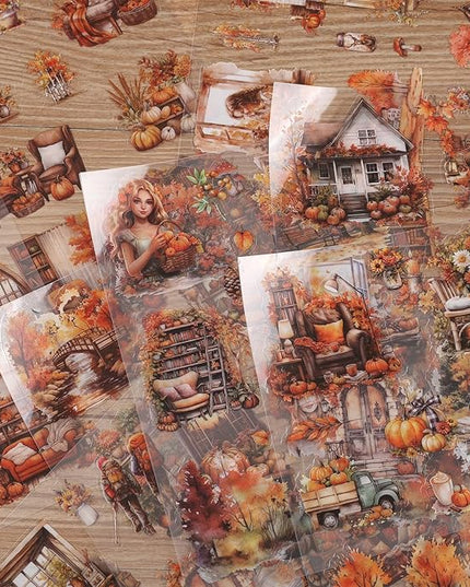 Auguro PET 20 Sheets 120 Pre-Cut Fall Stickers for Scrapbooking Landscape People Scrapbook Sticker Transparent Stickers for journaling