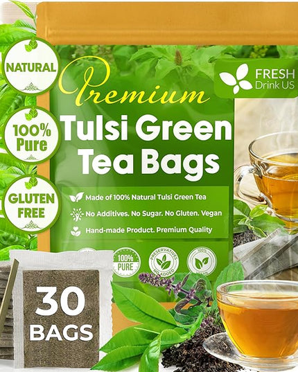 FreshDrinkUS, Premium 30 Tulsi Green Tea Bags, 100% Natural, Blend of Tulsi Holy Basil Leaves, and Green Tea Leaves. Made with Natural Material Tea Bags. No Sugar, Vegan.