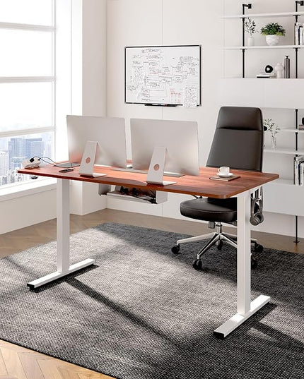 FLEXISPOT EN2 Whole-Piece Standing Desk with Clamp Power Strip, 60 x 24 Electric Stand Up Height Adjustable Desk with Cable Management (White Frame + 60" Mahogany Desktop, 2 Packages)