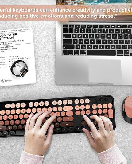 Wireless Keyboard and Mouse Combo, Ergonomic Full Size Typewriter Retro Round Keycaps Keyboard, Compatible with Windows, PC, Perfer for Home and Office Keyboards (Aurora Red)