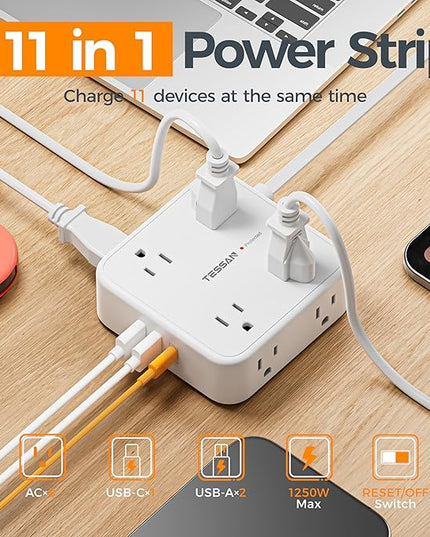 TESSAN 10 Ft Flat Plug Extension Cord with Multiple Outlets, Surge Protector Power Strip with 3 USB(1 USB C) 8 Outlets, 900J Protection, Desk Charging Station for Home, Dorm Room Essentials, White