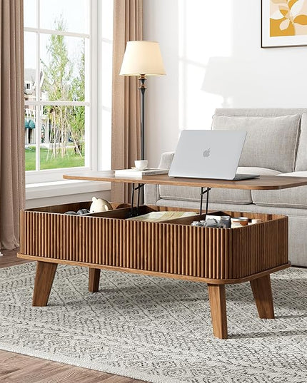 LCVTND Fluted Lift Top Coffee Table with Storage, Modern Wood Coffee Table Retro Center Table with Hidden Lifting Table Top Compartment for Living Room, Home, Office, Walnut