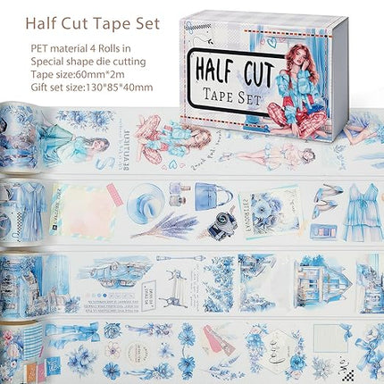 Snycler Pre-Cut Blue Mood Themed PET Washi Tapes - Vintage Aesthetic Tape Stickers for Journaling, Scrapbooking, Junk Journals, Crafts, Planners - 4 Rolls