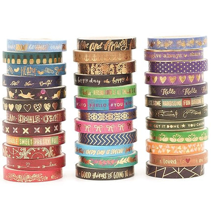 Songdao 36 Rolls Skinny Washi Tape Set Gold Foil Detailing Arts Adhesive Tapes Basic Patterns Decorative Masking Tape Sets for Craft, Kids, Scrapbook, DIY, Gift Wrapping (Bronzing Letters)