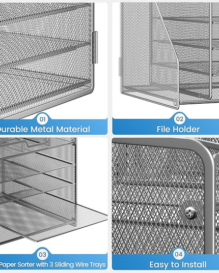 Lavatino 5-Tier Metal Mesh Desk Organizer with File Holder & 7 Customizable Compartments | Paper Letter Tray for Office or Home Desk Storage | Keep Workspace Supplies Neat & Organized, Silver