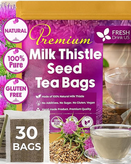 FreshDrinkUS, Premium 30 Milk Thistle Tea Bags, 100% Natural & Pure from Milk Thistle Seeds. Milk Thistle Seed Herbal Tea. Made with Natural Material Tea Bags. No Sugar, No Caffeine, No Gluten, Vegan.