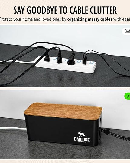 DMoose Cable Management Box - 2 Pack Medium & Large Cord Organizer for Desk & Floor, Cable Organizer Box for Child & Pet - Hider for Tidy Office & Home (Wood Print Lid, Black, Pack of 2)