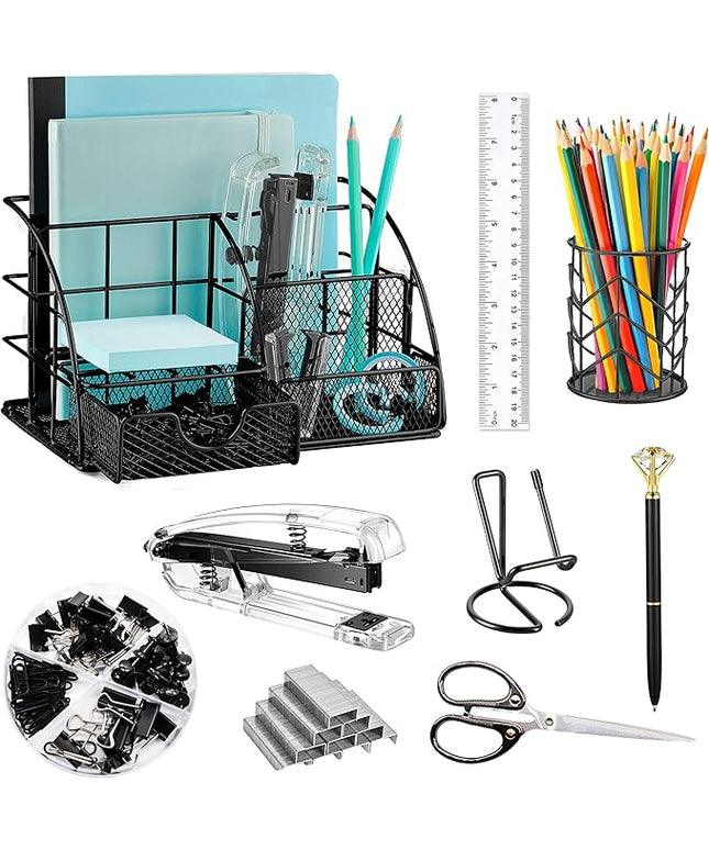 Black Desk Organizers and Accessories Office Supplies Set Stapler, Pen Holder, Phone Holder, Scissors, Pen, Ruler, 30 Paper Clips, 22 Binder Clip, 20 Tacks and 1000pcs Staples