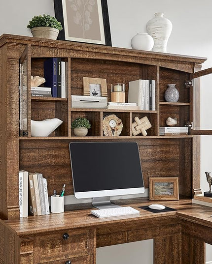OKD 60" L Shaped Executive Desk with Hutch and Drawers, Farmhouse Home Office Desk with Charging Station, File Cabinet Storage, Wood Corner Computer Desk for Work and Study, Reclaimed Barnwood