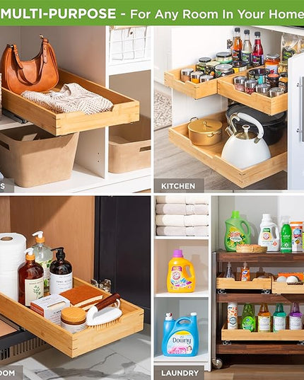 HOLDN’ STORAGE Bamboo Wooden Pull out Cabinet Organizer.14”W x 21”D - Requires At Least a 15.25:W x 21" D. Cabinet Opening. W/Lifetime Limited Warranty. Bamboo Tray and Heavy gauge metal rails.