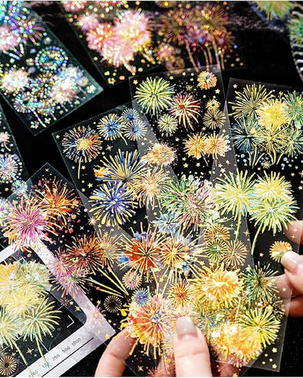 Holographic Fireworks Stickers for Journaling and Crafts, 12 Sheets Transparent PET Stickers for Scrapbooking, Junk Journal Supplies, Collage, DIY Paper Arts Decorative