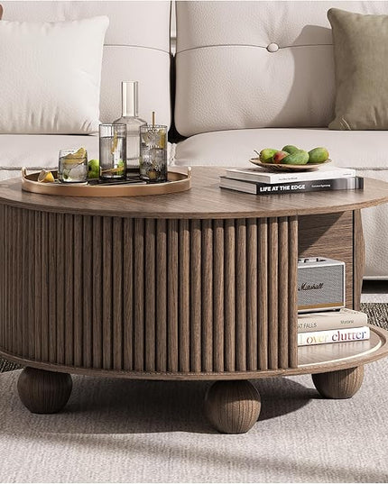 JOINICE Round Coffee Table with Storage, 31.5" Walnut Fluted Drum Center Table, Mid Century Modern Wood Circle Table with Sliding Door & Bun Feet for Living Room