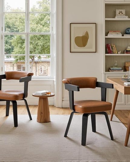 Fat Ant Home Office Desk Chair - Mid Century Modern Chair, Faux Leather Office Chair No Wheels, Comfy Accent Arm Chair with Wood Legs for Small Spaces Living Room Bedroom Study, Black/Walnut