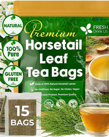 FreshDrinkUS, Premium 15 Horsetail Leaf Tea Bags, 100% Natural & Pure from Horsetail Loose Leaves Herbal Tea. Made with Natural Material Tea Bags. No Sugar, No Caffeine, No Gluten, Vegan.