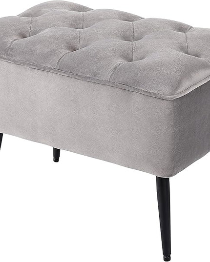 BIRDROCK HOME Tufted Rectangle Grey Ottoman – Velvet Foot Stool – Mid Century Modern Steel Legs - Soft Compact Padded Stool - Living Room or Bedroom – Vanity Chair - Decorative Furniture