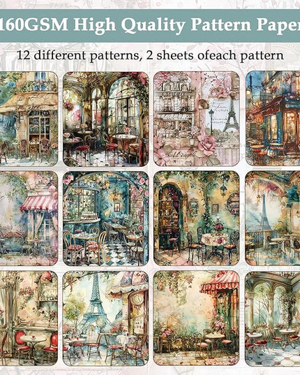 Scrapbook Paper,24 Sheets 6"x 6" Decorative Papers,Single-Sided Vivid Origami Decoupage Paper for Card Making,DIY Album, Hand Account & Travel Diary Craft Projects,Paris Cafeteria