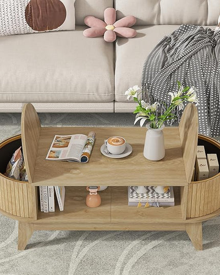 Coffee Table with 2 Hidden Storage,Mid Century Modern Coffee Table with Fluted Finish,Wood Center Tables Oval Coffee Tables with Flip-Top Lids for Living Room Home Office (Oak)