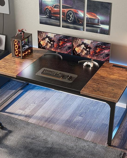 Huuger 63 x 31.5 inch Desk with Power Outlets & USB-C, 1.2 Inch Thicker Desktop, Robust Metal Tubes, Deep Computer Desk, Heavy Duty Office Desk, Work Desk, Rustic Brown and Black