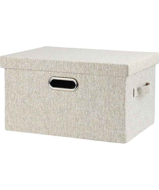 Medium 15" 21 Quart Collapsible Stackable Storage Bins with Lids, 1 Pack Beige Foldable Fabric Closet Storage Boxes with Lids, Heavy-duty Linen Baskets for Bedroom