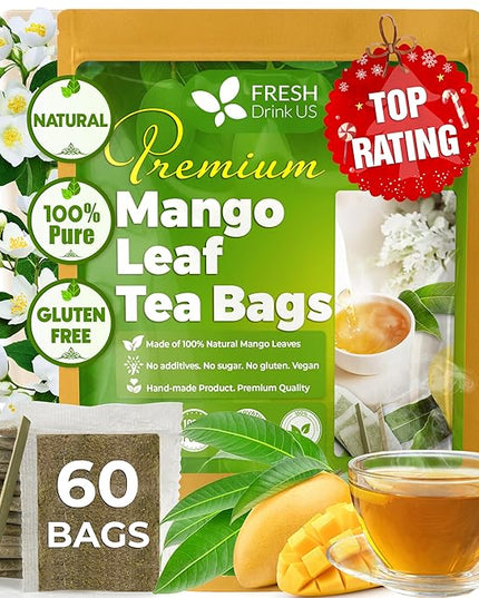 FreshDrinkUS, Premium 60 Mango Leaf Tea Bags, 100% Natural & Pure from Mango Leaves. Loose Leaf Herbal Tea. No Sugar, No Caffeine, No Gluten, Vegan.