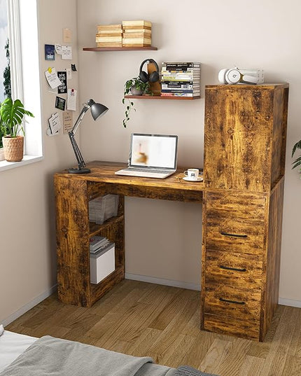 KEIKI Computer Desk with Hutch and 3 Drawers, 4-Tier Storage Shelves, Office Desk with Storage and Integrated 4-in-1 Charging Station, Brown