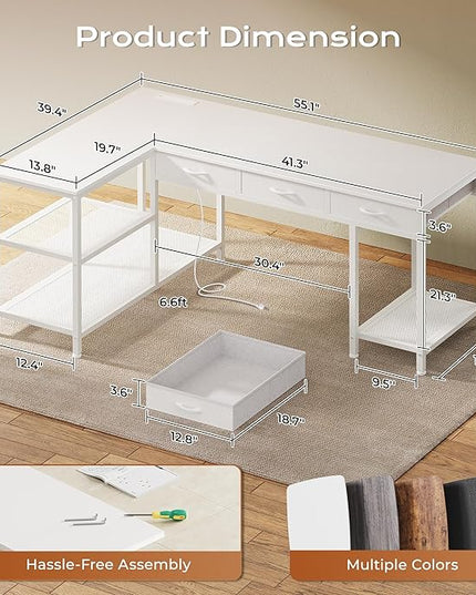 PRAISUN 55 Inch L Shaped Office Desk with Power Outlets and Type-C Port, Large Computer Gaming Desk with 3 Fabric Drawers, Mesh Shelves, Corner Study Work Writing Desk, White