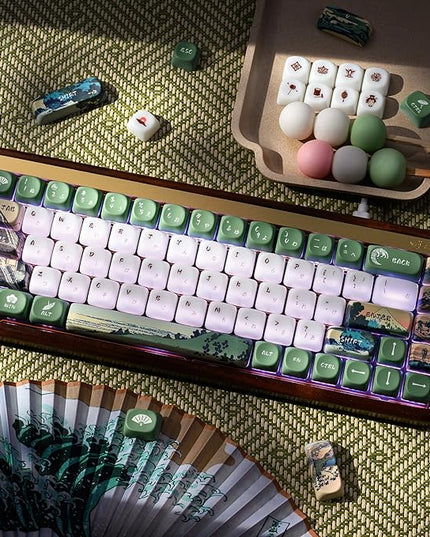 OHY XVX MOA Profile Keycaps Set, Japanese Mount Fuji Theme, 129 - Key White & Green Custom Keycaps with PBT + Frosted Translucent PC Material for US Layout Mechanical Keyboards