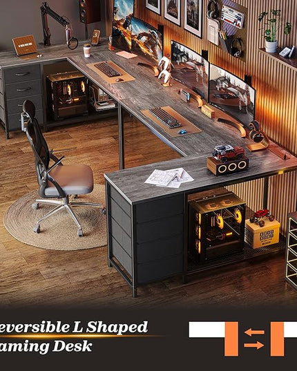 PRAISUN 53" L Shaped Desk with Power Outlets and USB-C Port, Reversible Computer Corner Office Desk with 4 Fabric Drawers and 2 Height-Adjustable Shelves, Large for Gaming Writing Work Study, Grey