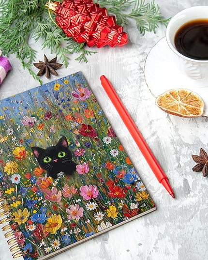 Colorful Floral Cat Spiral Notebook Journal 5.5x8.3, Gifts for Cat Lovers Women, Cottagecore Moody Black Kitten Journal for Women, Rustic Flower Journaling Notebooks