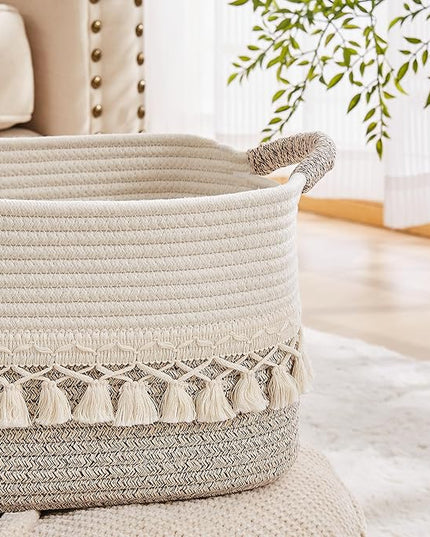 Storage Bins Woven Baskets for Storage Set of 3, Cotton Rope Basket with Handles for Toys/Shelves/Laundry, Rectangle Multi-Purpose Organizer for Living Room, Bedroom, Nursery (White/Beige)