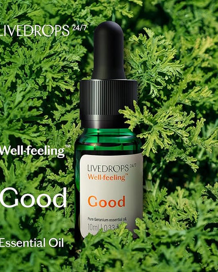 LIVEDROPS 24/7 Good Geranium Essential Oil, Natural Vegan Aromatherapy for Diffuser or Diluted Skin Use, Rosy Floral Scent, Origin Egypt, Made in USA, Clinically Tested, 10ml