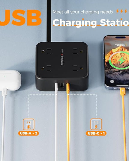 Surge Protector Power Strip, TESSAN 5 FT Black Flat Extension Cord with 8 AC Outlets 3 USB Ports (1 USB C), 900J Protection, 1875W, 3 Sided Wall Plug Extender, Desk Charging Station for Office, Dorm
