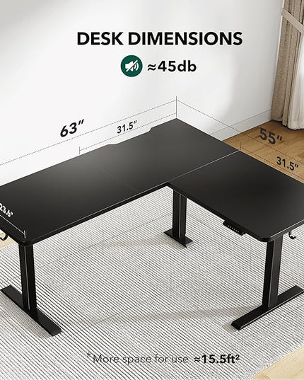 FEZIBO 63 x 55 L Shaped Standing Desk Adjustable Height, 63 Inch Electric Stand up Corner Computer Desk, Sit Stand Home Office Desk with Splice Board, Black