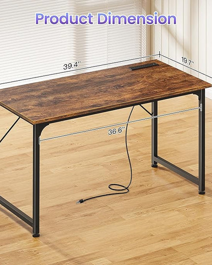 PRAISUN 40 X 20 Inch Computer Desk with Power Outlets and USB-C Port, Gaming Office Desk with Deeper Desktop, Writing Work Desk for Home Office, Study, Bedroom, Metal Frame, Rustic Brown