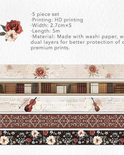 WT Academia Washi Tape Set, 5 Rolls, Original Designs, Vintage Floral Decorative Masking Tape, DIY Crafts, Bullet Journals, Planners, Scrapbooking, Journals Gifts, Adhesive Wrapping Tape, Paper Tape