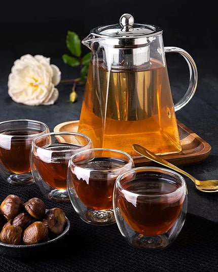 Mixpresso 5 Piece Glass Tea Pot Set, Kettle with Removable Infuser, Clear Glass Teapot 33oz With 4 Double Wall Cups 2.7oz Stovetop Safe Teapot For Loose Leaf Tea, Perfct As Tea Gift Sets.