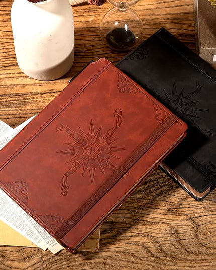 CAGIE Compass Leather Notebook Journal for Men, 100 GSM 288 Pages Lined Journals for Writing, A5 Hardcover Journaling Notebooks Gift Set with Pen for Travel Office Daily Writing