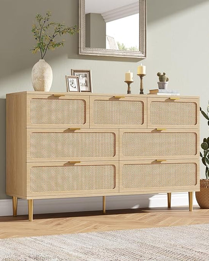 Garvee Rattan Dresser with 7 Drawers, Tall Modern Closet with Deep Storage, Large Chest of Drawers with Wide Top, Long Wooden Dresser for Bedroom, Living Room, Hallway, Kids Room, Natural